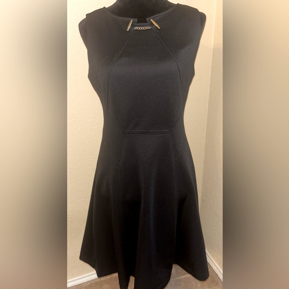 Ivanka Trump Black Fit & Flare Dress with Gold Chain Detail - Size 8